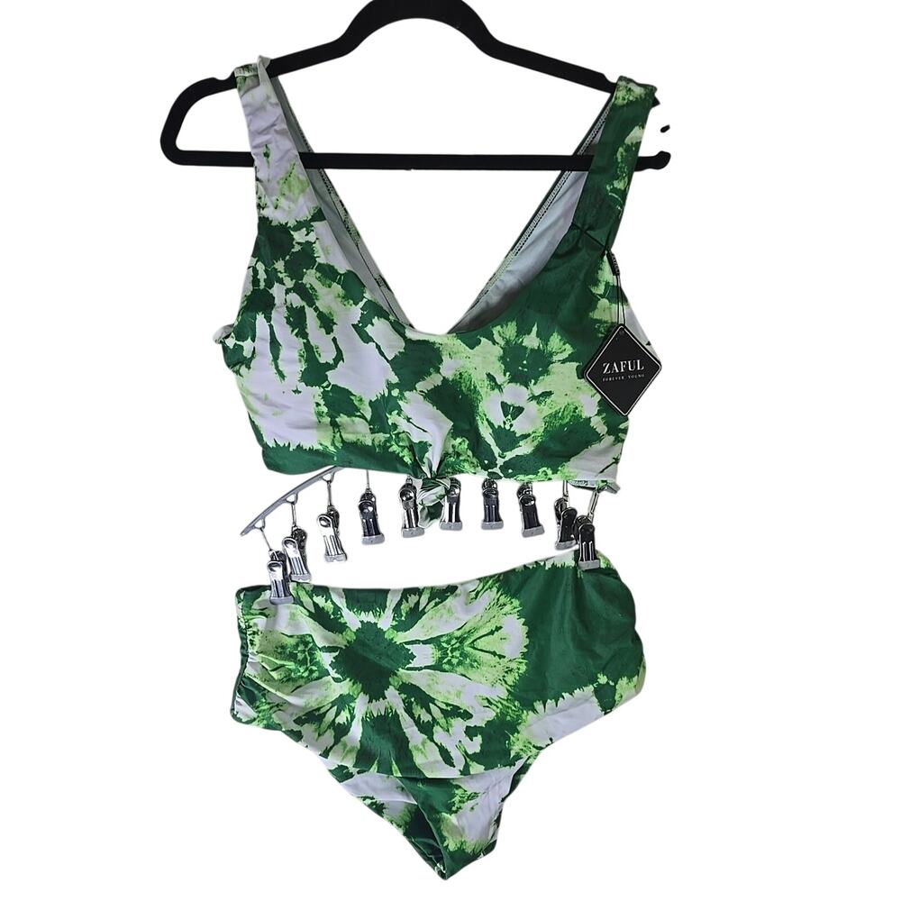 NWT Zaful Bikini Set Green White Tie Dye Womens 12 Swimsuit Travel Vacation